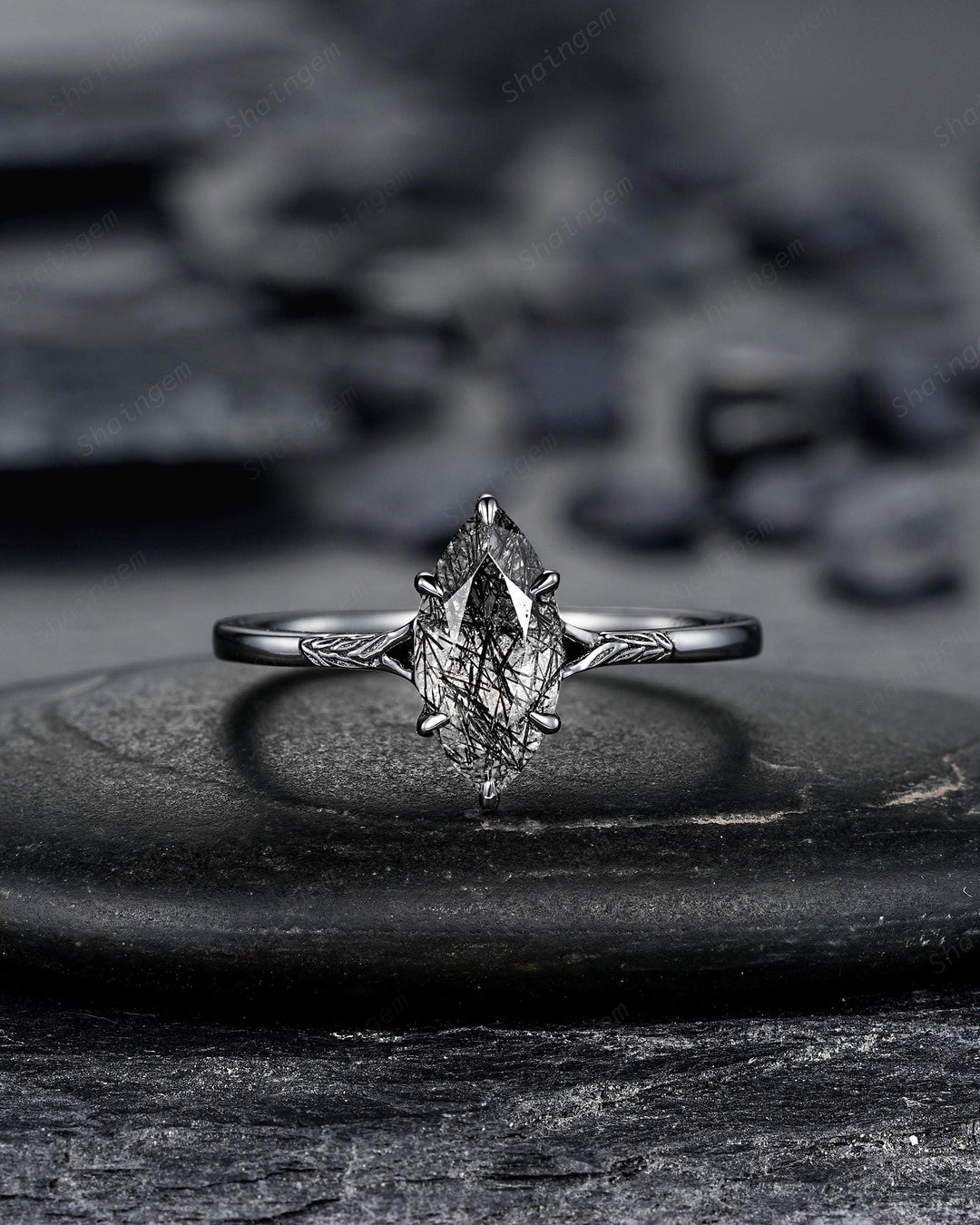 3PCS Marquise Cut Black Rutilated Quartz Engagement Ring Set, Gothic Bridal Set, Black Rhodium Wedding Set, Black Promise Rings, Witchy Ring - ShainJewelry
