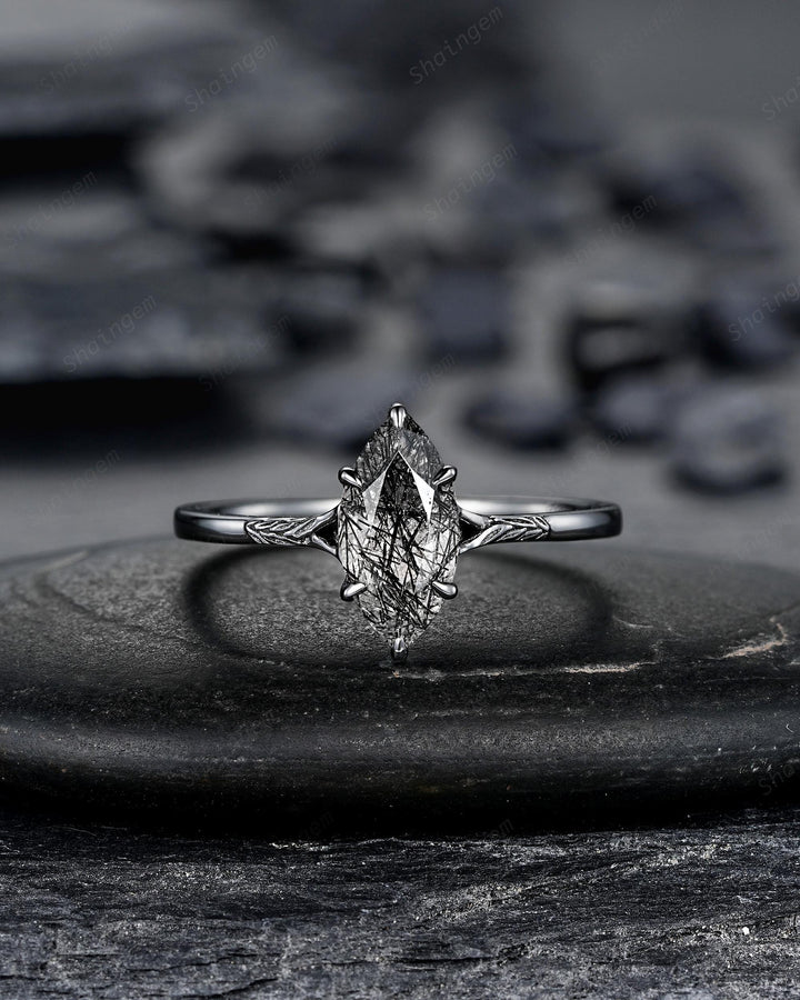 3PCS Marquise Cut Black Rutilated Quartz Engagement Ring Set, Gothic Bridal Set, Black Rhodium Wedding Set, Black Promise Rings, Witchy Ring - ShainJewelry
