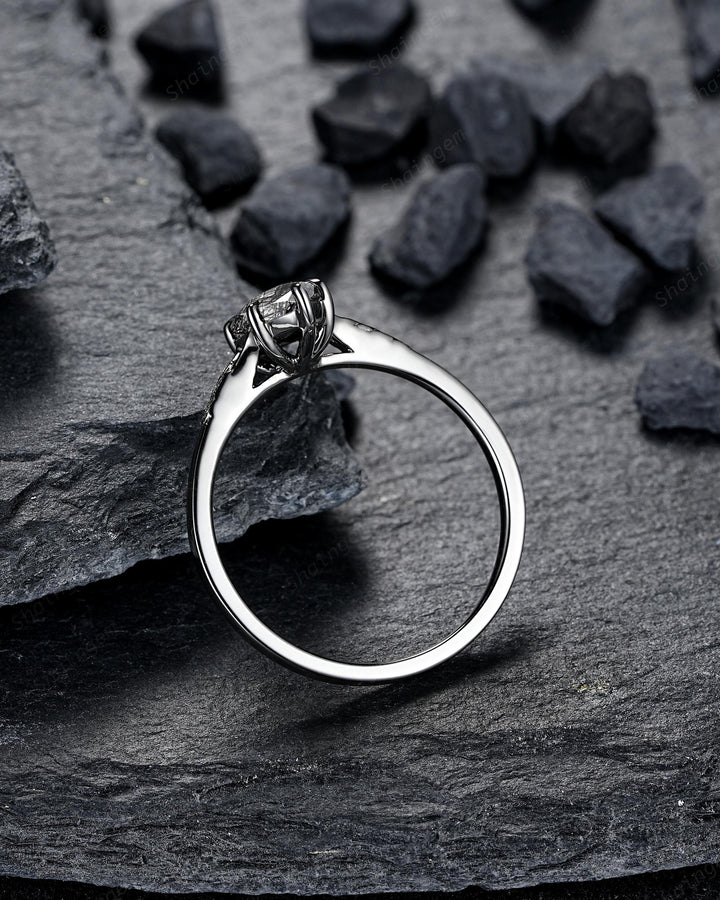 3PCS Marquise Cut Black Rutilated Quartz Engagement Ring Set, Gothic Bridal Set, Black Rhodium Wedding Set, Black Promise Rings, Witchy Ring - ShainJewelry