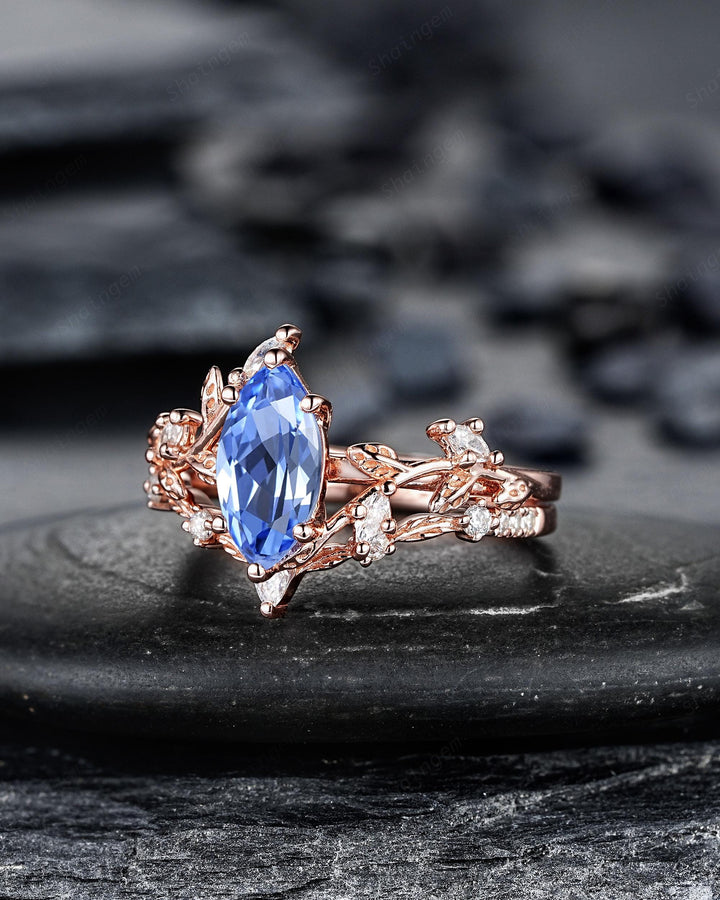 Marquise Blue Sapphire Engagement Rings: Solid Rose Gold Twig Branch Wedding Set, Nature Inspired Leaf Vine Promise Ring, 24K Gold Plated - ShainJewelry