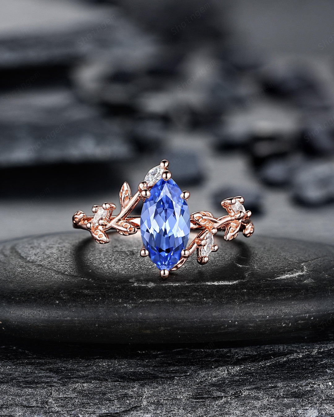 Marquise Blue Sapphire Engagement Rings: Solid Rose Gold Twig Branch Wedding Set, Nature Inspired Leaf Vine Promise Ring, 24K Gold Plated - ShainJewelry