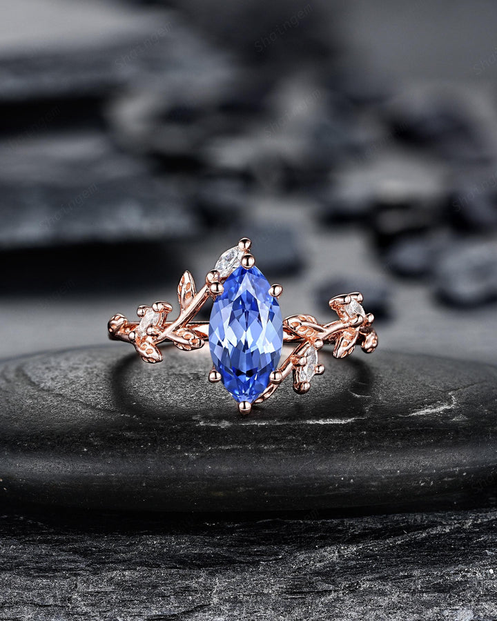 Marquise Blue Sapphire Engagement Rings: Solid Rose Gold Twig Branch Wedding Set, Nature Inspired Leaf Vine Promise Ring, 24K Gold Plated - ShainJewelry
