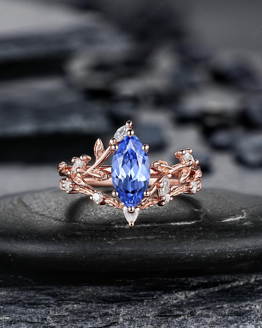 Marquise Blue Sapphire Engagement Rings: Solid Rose Gold Twig Branch Wedding Set, Nature Inspired Leaf Vine Promise Ring, 24K Gold Plated - ShainJewelry