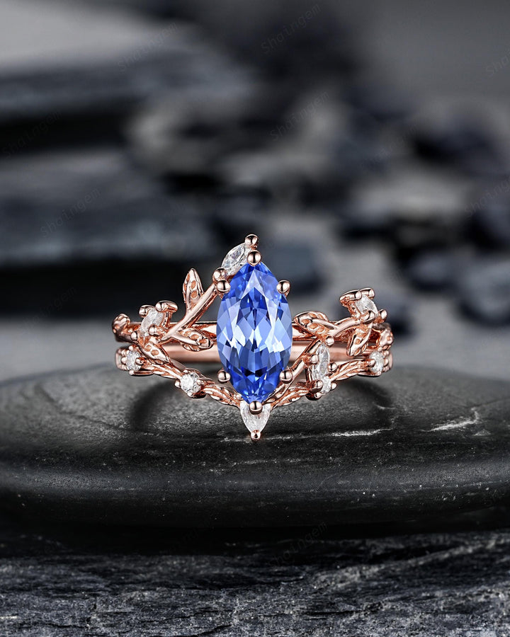 Marquise Blue Sapphire Engagement Rings: Solid Rose Gold Twig Branch Wedding Set, Nature Inspired Leaf Vine Promise Ring, 24K Gold Plated - ShainJewelry