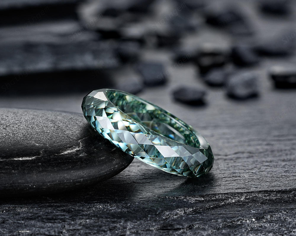 Green Moissanite Men's Wedding Band, Full Eternity Diamond Cut Engagement Band, Promise Band Briolette cut Couple Ring for Man and Woman - ShainJewelry
