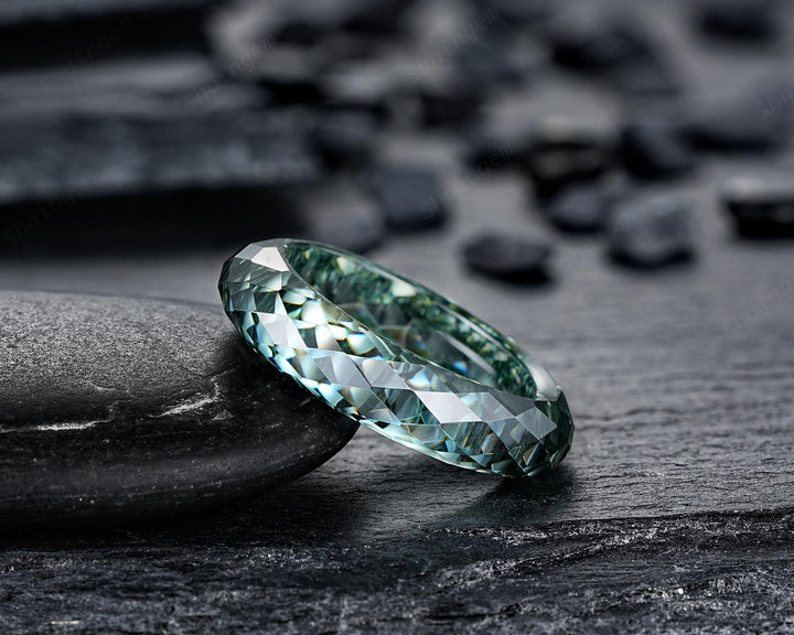 Green Moissanite Men's Wedding Band, Full Eternity Diamond Cut Engagement Band, Promise Band Briolette cut Couple Ring for Man and Woman - ShainJewelry