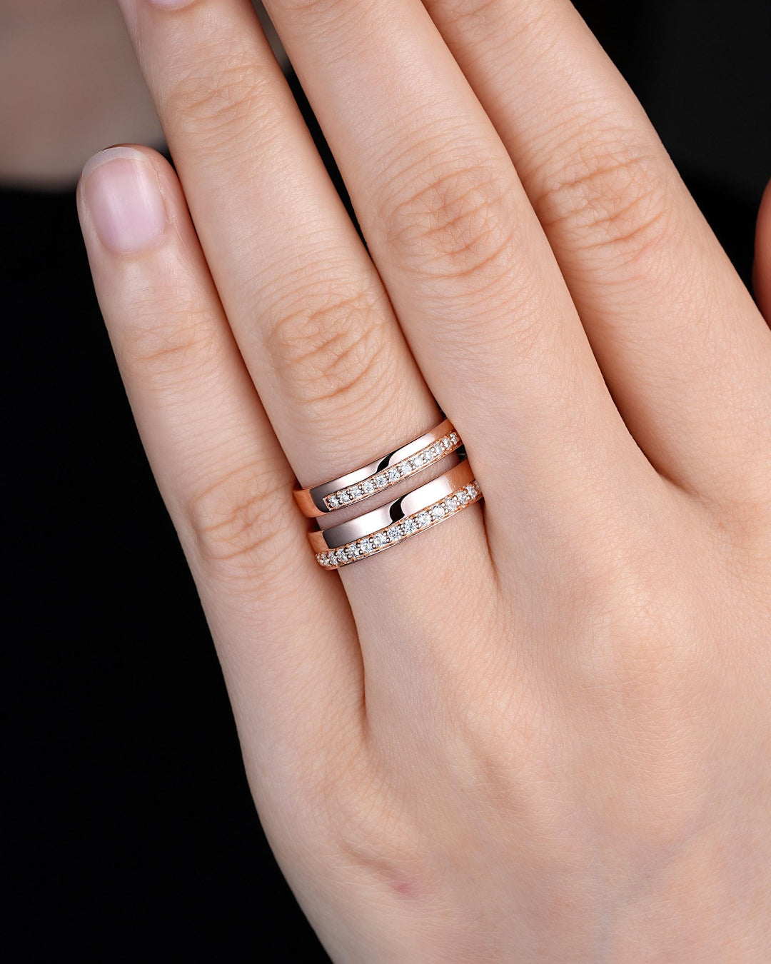 Half Eternity His and Hers Diamond Couple Ring Set, Rose Gold Moissanite Wedding Band, Platinum Engagement Band Promise Ring Channel Setting - ShainJewelry