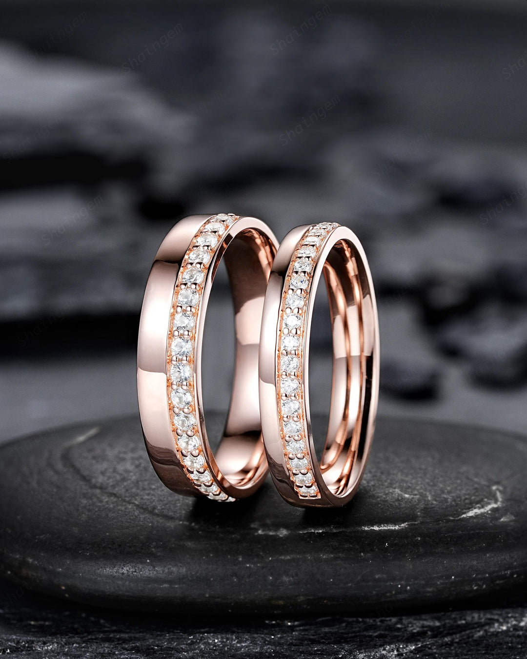 Half Eternity His and Hers Diamond Couple Ring Set, Rose Gold Moissanite Wedding Band, Platinum Engagement Band Promise Ring Channel Setting - ShainJewelry