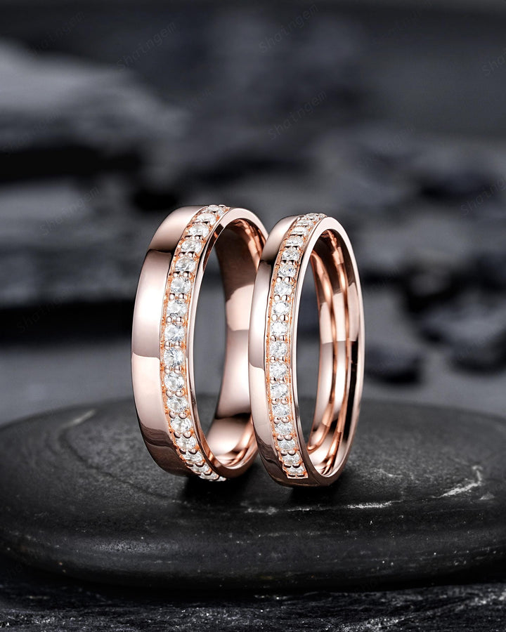 Half Eternity His and Hers Diamond Couple Ring Set, Rose Gold Moissanite Wedding Band, Platinum Engagement Band Promise Ring Channel Setting - ShainJewelry