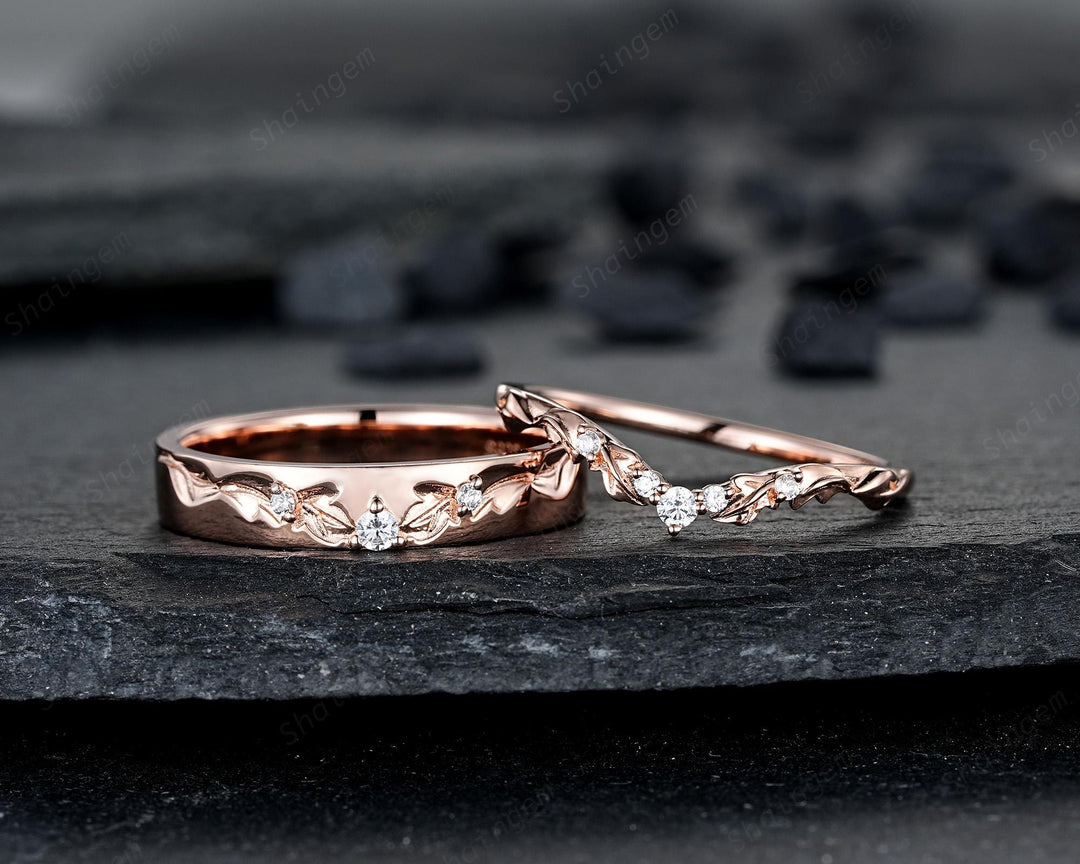 Engraved Leaf His and Hers Diamond Couple Ring Set: Rose Gold Moissanite Wedding Band, Engagement Promise Men's Women's Matching Band - ShainJewelry