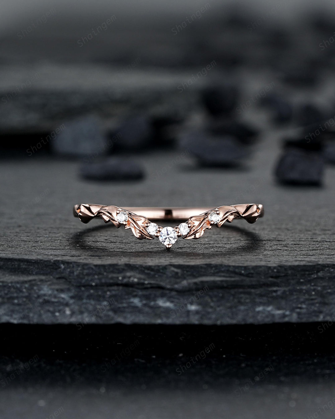 Engraved Leaf His and Hers Diamond Couple Ring Set: Rose Gold Moissanite Wedding Band, Engagement Promise Men's Women's Matching Band - ShainJewelry