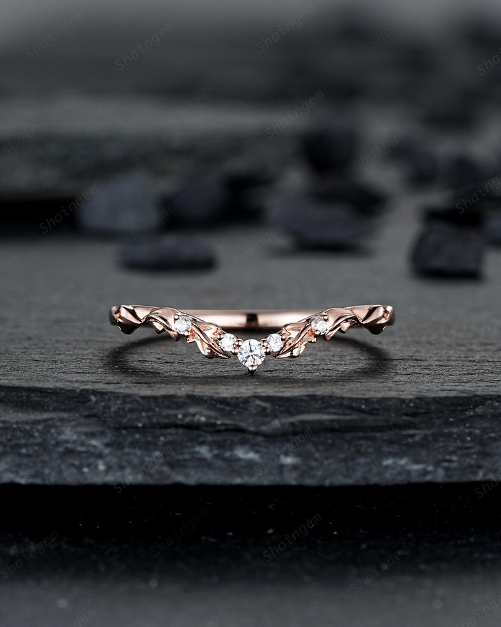 Engraved Leaf His and Hers Diamond Couple Ring Set: Rose Gold Moissanite Wedding Band, Engagement Promise Men's Women's Matching Band - ShainJewelry