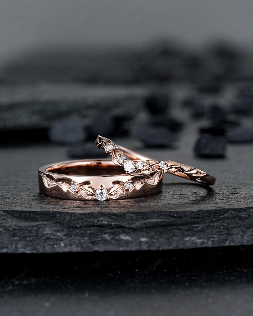 Engraved Leaf His and Hers Diamond Couple Ring Set: Rose Gold Moissanite Wedding Band, Engagement Promise Men's Women's Matching Band - ShainJewelry