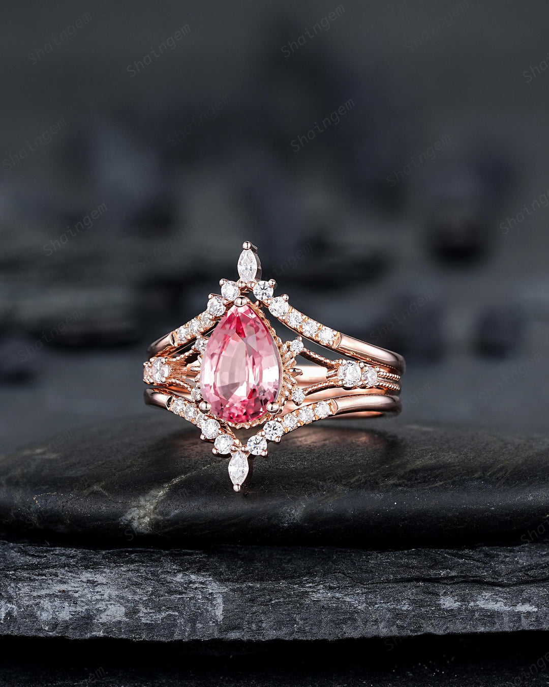 3PCS Pear Shape Pink Sapphire Engagement Ring Set, Solid Rose Gold Bridal Set, Unique Split Shank Wedding Set Promise Ring, Platinum Rings - ShainJewelry