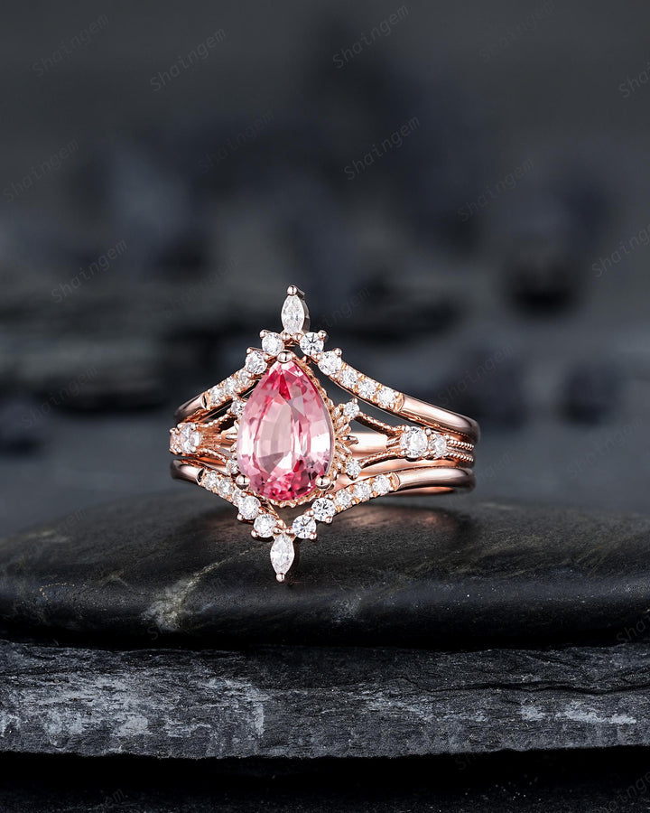 3PCS Pear Shape Pink Sapphire Engagement Ring Set, Solid Rose Gold Bridal Set, Unique Split Shank Wedding Set Promise Ring, Platinum Rings - ShainJewelry