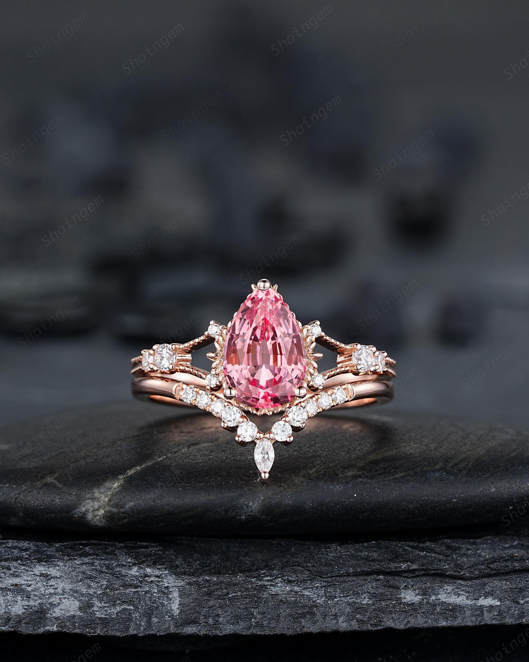 3PCS Pear Shape Pink Sapphire Engagement Ring Set, Solid Rose Gold Bridal Set, Unique Split Shank Wedding Set Promise Ring, Platinum Rings - ShainJewelry