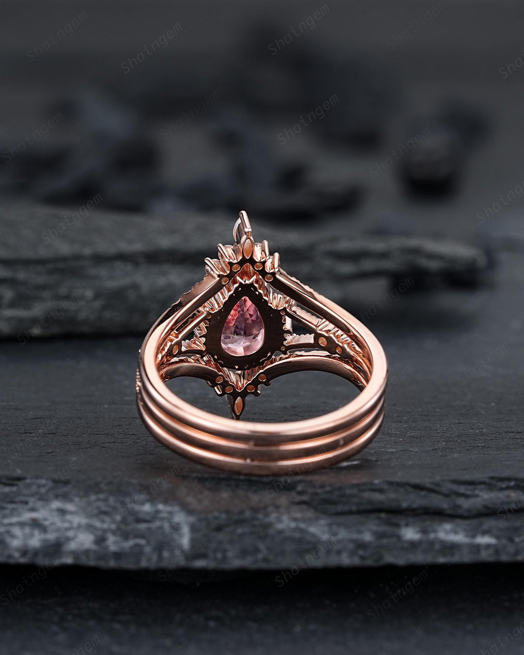 3PCS Pear Shape Pink Sapphire Engagement Ring Set, Solid Rose Gold Bridal Set, Unique Split Shank Wedding Set Promise Ring, Platinum Rings - ShainJewelry