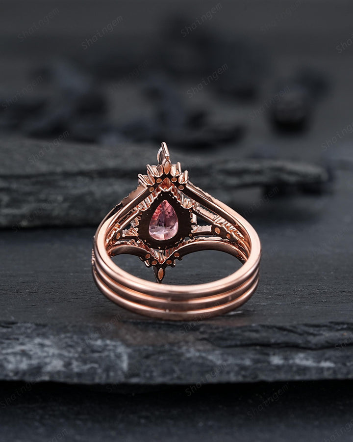 3PCS Pear Shape Pink Sapphire Engagement Ring Set, Solid Rose Gold Bridal Set, Unique Split Shank Wedding Set Promise Ring, Platinum Rings - ShainJewelry