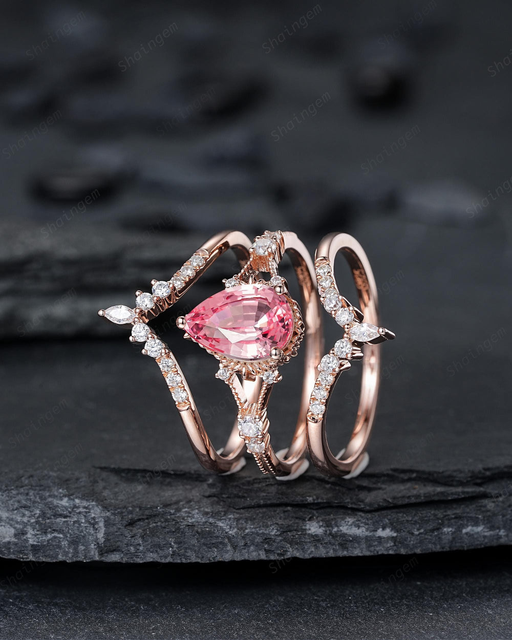 3PCS Pear Shape Pink Sapphire Engagement Ring Set, Solid Rose Gold Bridal Set, Unique Split Shank Wedding Set Promise Ring, Platinum Rings - ShainJewelry