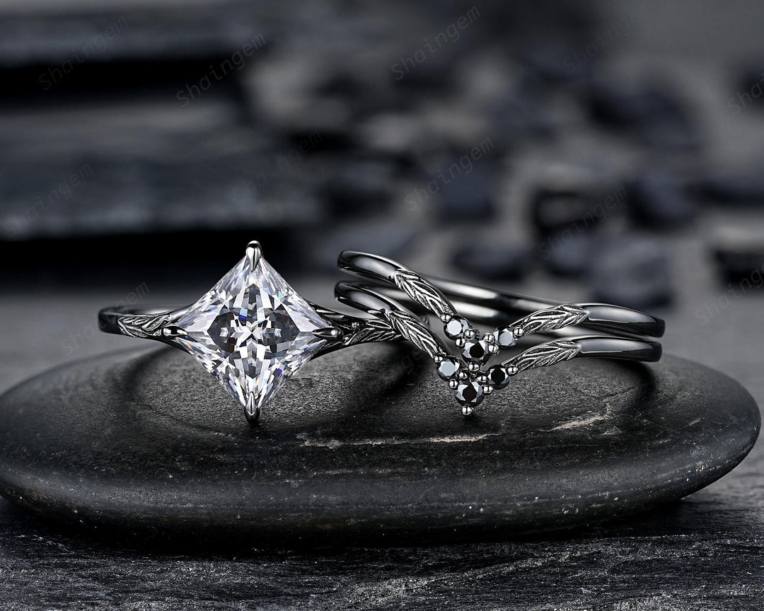 3PCS Princess Cut Gray Moissanite Engagement Ring Set, Gothic Bridal Set, Black Rhodium Wedding Set, Black Promise Rings, Witchy Ring - ShainJewelry