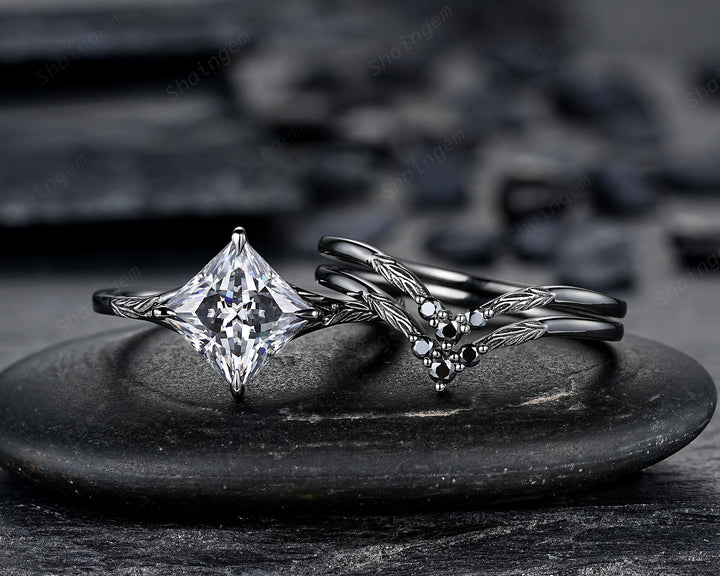 3PCS Princess Cut Gray Moissanite Engagement Ring Set, Gothic Bridal Set, Black Rhodium Wedding Set, Black Promise Rings, Witchy Ring - ShainJewelry