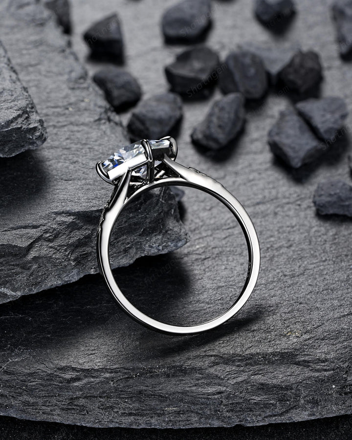 3PCS Princess Cut Gray Moissanite Engagement Ring Set, Gothic Bridal Set, Black Rhodium Wedding Set, Black Promise Rings, Witchy Ring - ShainJewelry
