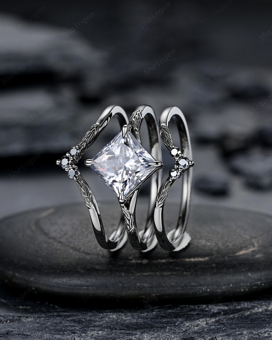 3PCS Princess Cut Gray Moissanite Engagement Ring Set, Gothic Bridal Set, Black Rhodium Wedding Set, Black Promise Rings, Witchy Ring - ShainJewelry