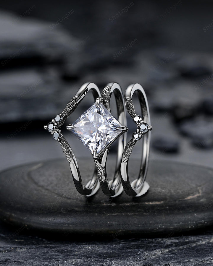 3PCS Princess Cut Gray Moissanite Engagement Ring Set, Gothic Bridal Set, Black Rhodium Wedding Set, Black Promise Rings, Witchy Ring - ShainJewelry