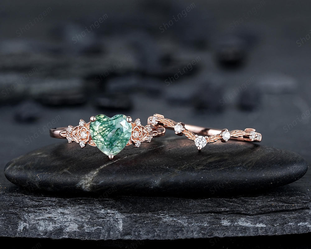 Heart Shape Moss Agate Floral Engagement Ring: Rose Gold Vine Leaf Wedding Set, Nature Inspired Flower Promise Ring, 24K Gold Plated Silver - ShainJewelry