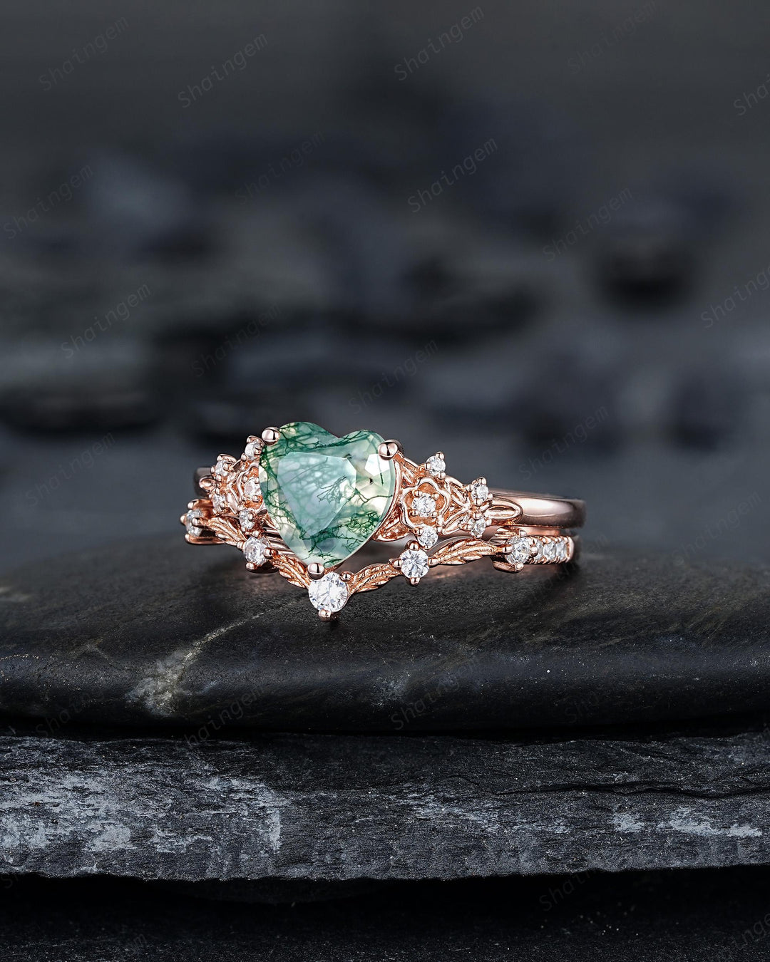 Heart Shape Moss Agate Floral Engagement Ring: Rose Gold Vine Leaf Wedding Set, Nature Inspired Flower Promise Ring, 24K Gold Plated Silver - ShainJewelry