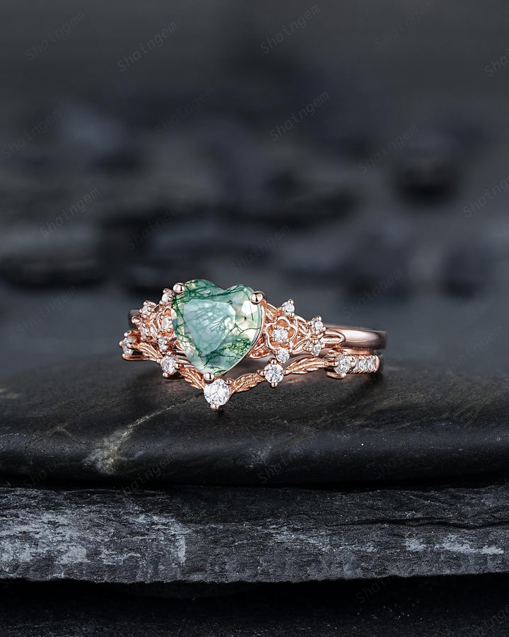 Heart Shape Moss Agate Floral Engagement Ring: Rose Gold Vine Leaf Wedding Set, Nature Inspired Flower Promise Ring, 24K Gold Plated Silver - ShainJewelry