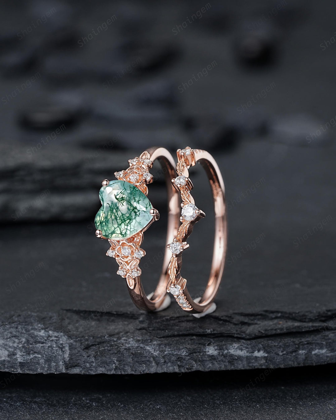 Heart Shape Moss Agate Floral Engagement Ring: Rose Gold Vine Leaf Wedding Set, Nature Inspired Flower Promise Ring, 24K Gold Plated Silver - ShainJewelry