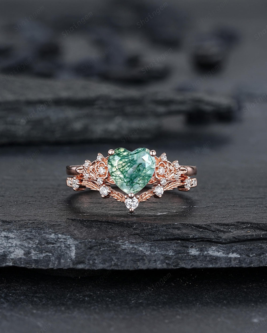 Heart Shape Moss Agate Floral Engagement Ring: Rose Gold Vine Leaf Wedding Set, Nature Inspired Flower Promise Ring, 24K Gold Plated Silver - ShainJewelry