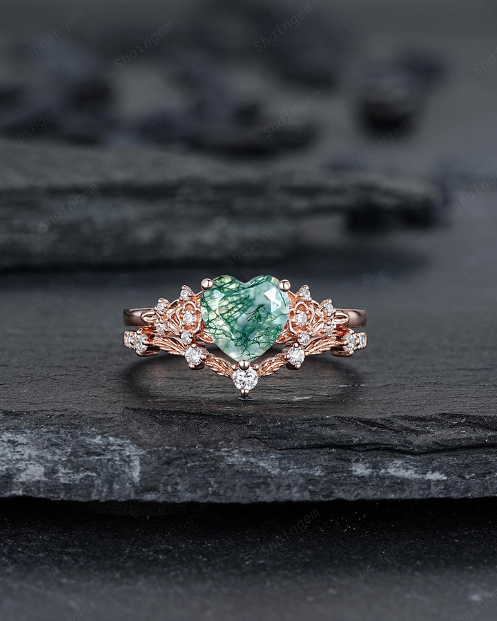 Heart Shape Moss Agate Floral Engagement Ring: Rose Gold Vine Leaf Wedding Set, Nature Inspired Flower Promise Ring, 24K Gold Plated Silver - ShainJewelry