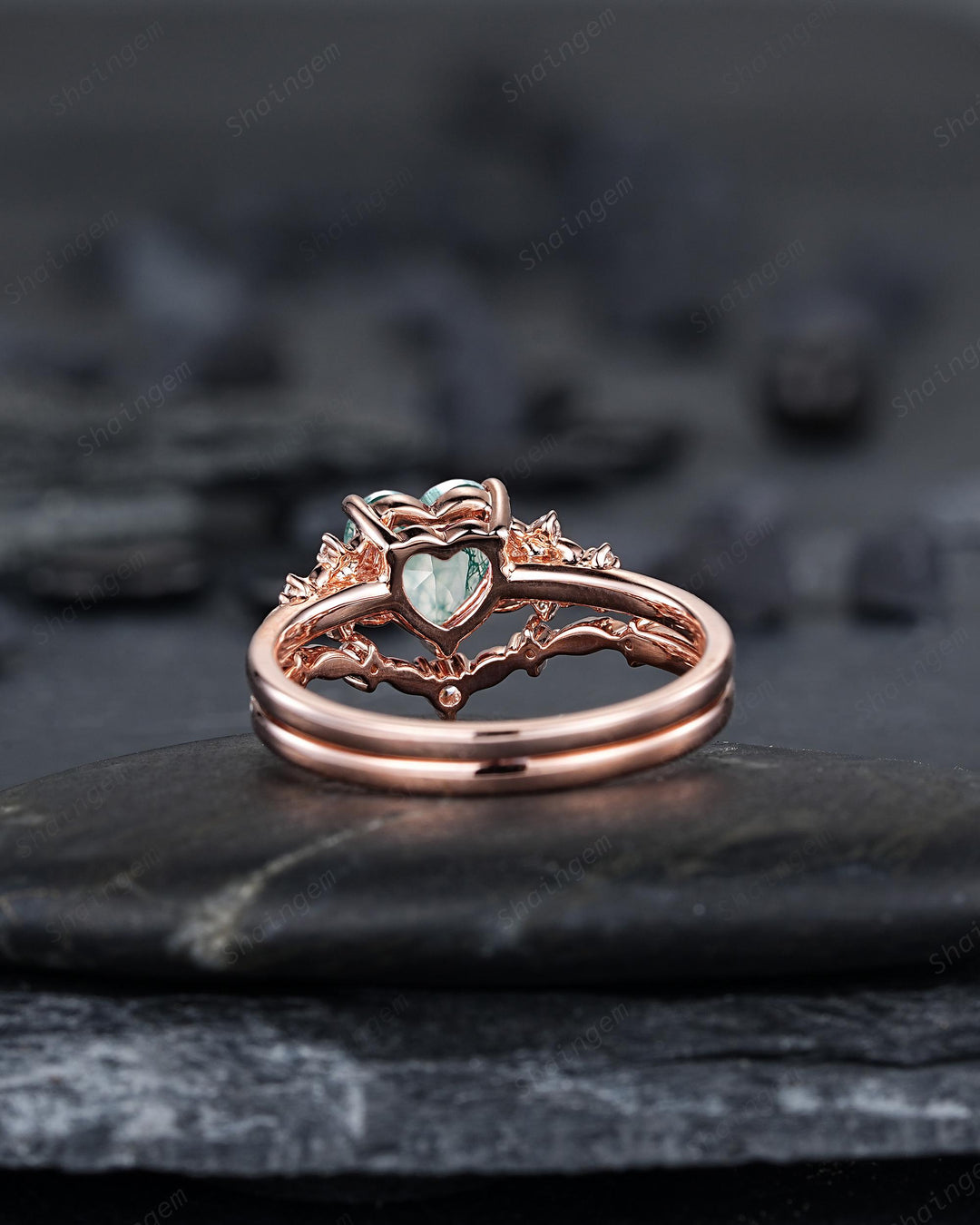 Heart Shape Moss Agate Floral Engagement Ring: Rose Gold Vine Leaf Wedding Set, Nature Inspired Flower Promise Ring, 24K Gold Plated Silver - ShainJewelry