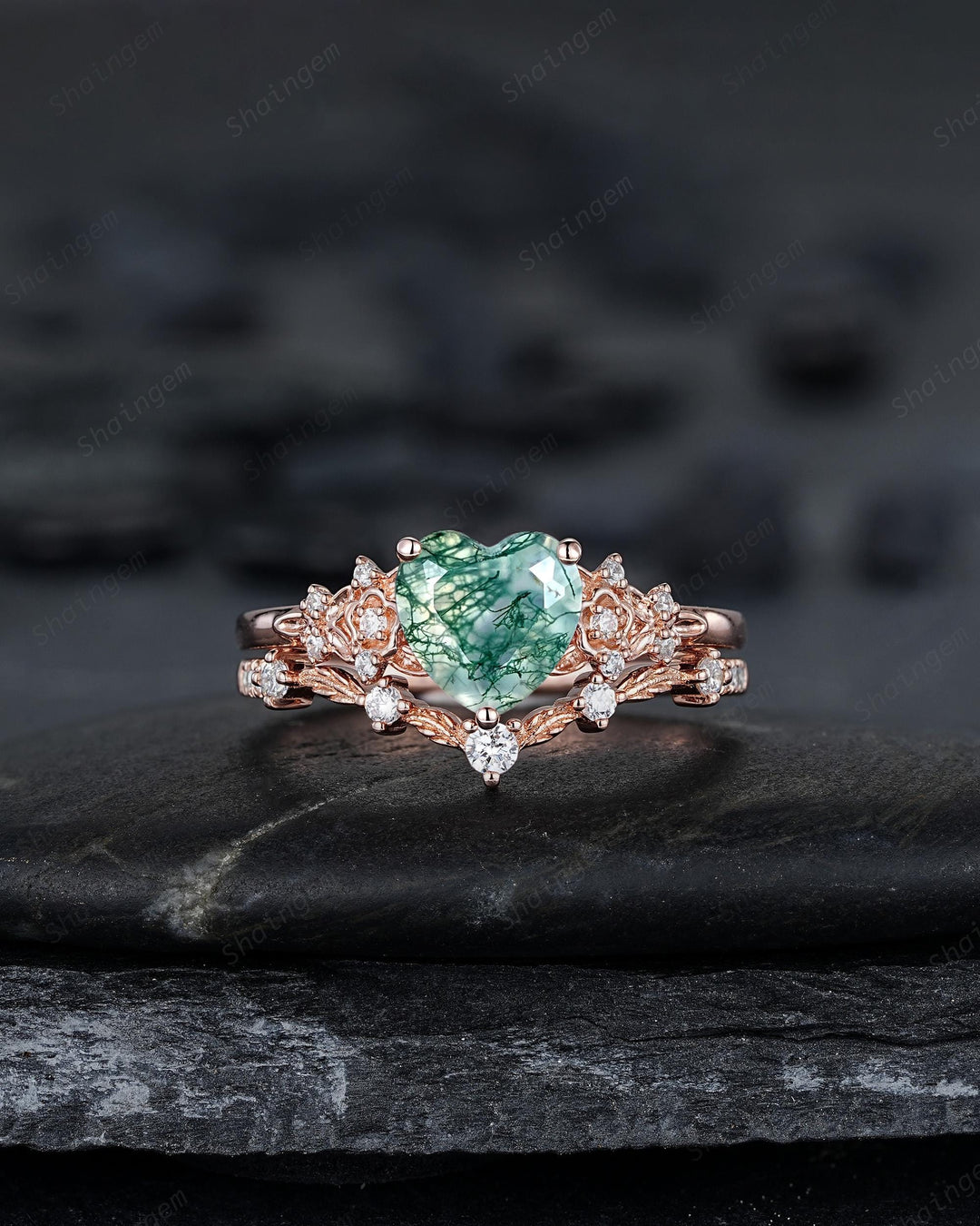 Heart Shape Moss Agate Floral Engagement Ring: Rose Gold Vine Leaf Wedding Set, Nature Inspired Flower Promise Ring, 24K Gold Plated Silver - ShainJewelry