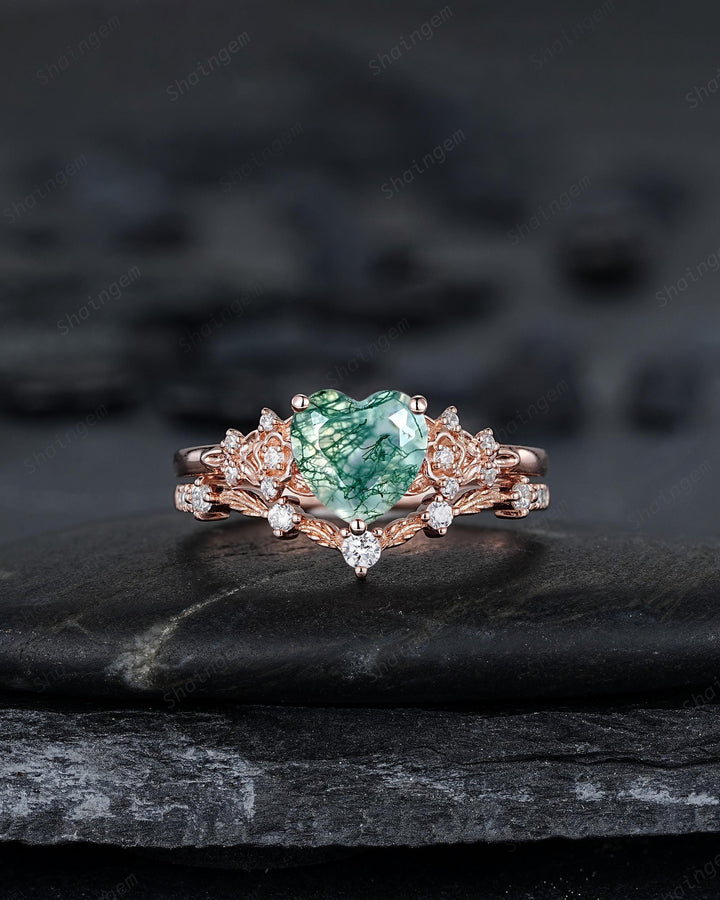 Heart Shape Moss Agate Floral Engagement Ring: Rose Gold Vine Leaf Wedding Set, Nature Inspired Flower Promise Ring, 24K Gold Plated Silver - ShainJewelry