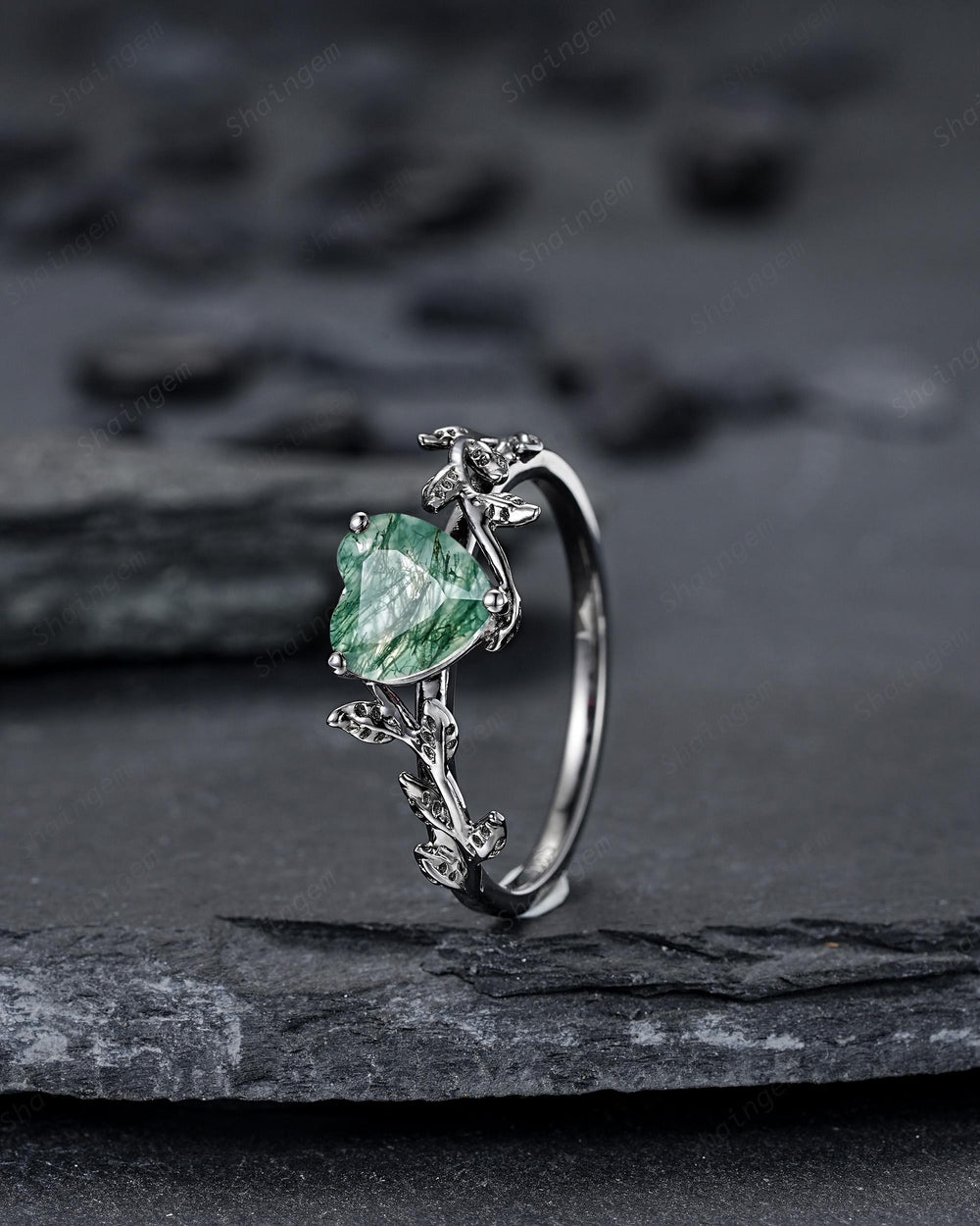 Gothic Heart Shape Moss Agate Engagement Ring: Dark Black Rhodium Twig Branch Promise Ring, Punk Vine Wedding Ring, Solitaire One Stone - ShainJewelry