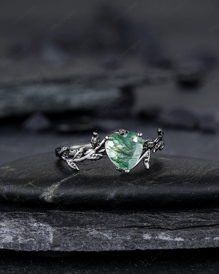 Gothic Heart Shape Moss Agate Engagement Ring: Dark Black Rhodium Twig Branch Promise Ring, Punk Vine Wedding Ring, Solitaire One Stone - ShainJewelry