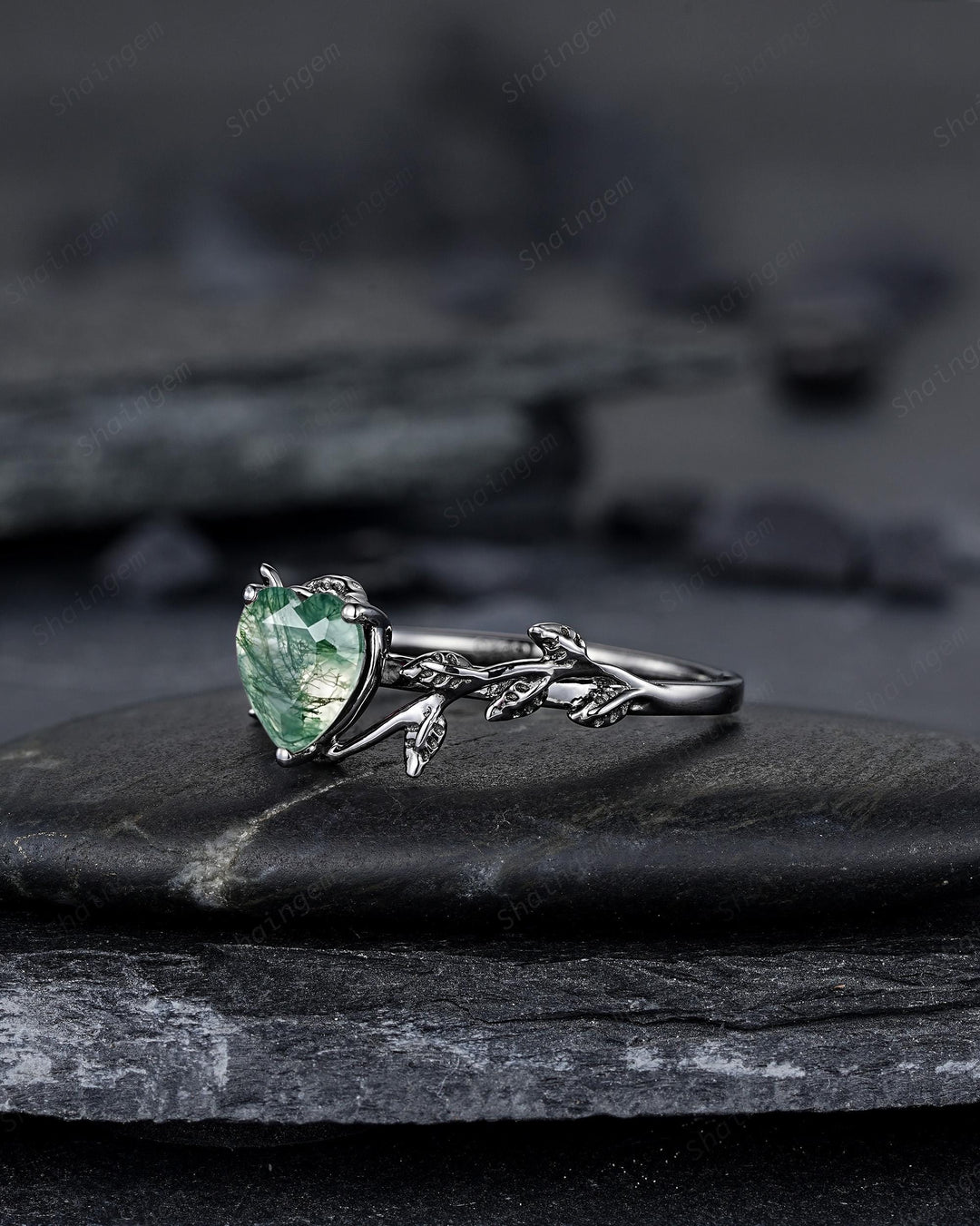 Gothic Heart Shape Moss Agate Engagement Ring: Dark Black Rhodium Twig Branch Promise Ring, Punk Vine Wedding Ring, Solitaire One Stone - ShainJewelry