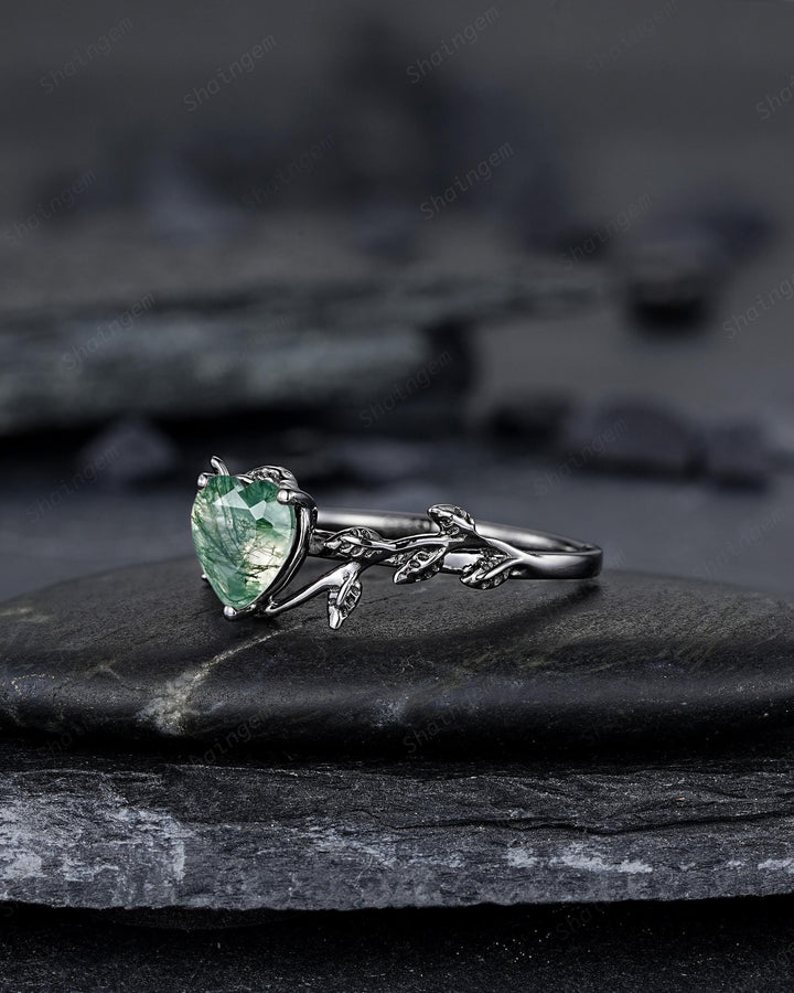 Gothic Heart Shape Moss Agate Engagement Ring: Dark Black Rhodium Twig Branch Promise Ring, Punk Vine Wedding Ring, Solitaire One Stone - ShainJewelry