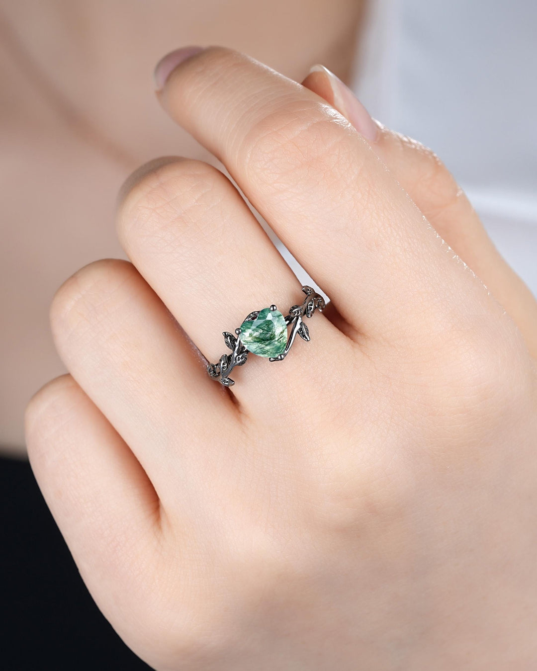 Gothic Heart Shape Moss Agate Engagement Ring: Dark Black Rhodium Twig Branch Promise Ring, Punk Vine Wedding Ring, Solitaire One Stone - ShainJewelry