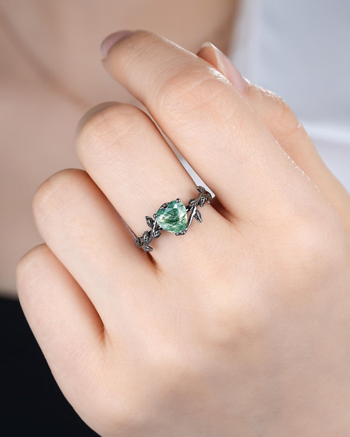 Gothic Heart Shape Moss Agate Engagement Ring: Dark Black Rhodium Twig Branch Promise Ring, Punk Vine Wedding Ring, Solitaire One Stone - ShainJewelry
