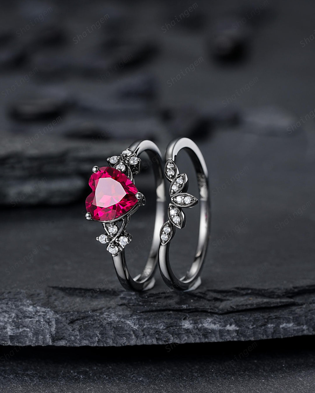 Gothic Heart Shape Ruby Engagement Ring Set: Dark Black Rhodium Promise Ring, Punk Leaf Wedding Ring, Black Gold Rings, July Birthstone - ShainJewelry