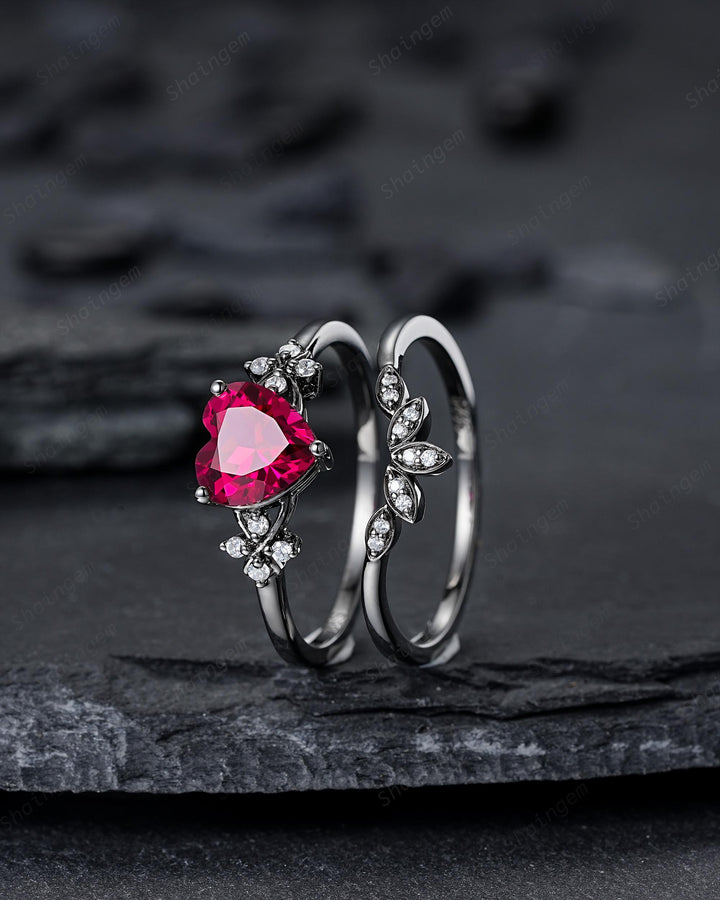Gothic Heart Shape Ruby Engagement Ring Set: Dark Black Rhodium Promise Ring, Punk Leaf Wedding Ring, Black Gold Rings, July Birthstone - ShainJewelry