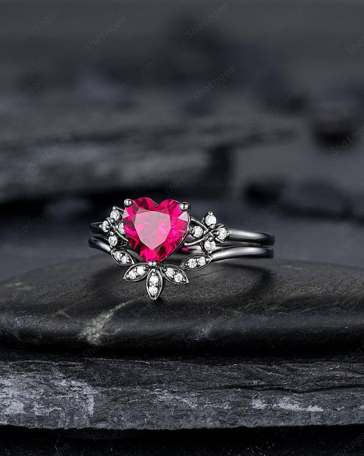 Gothic Heart Shape Ruby Engagement Ring Set: Dark Black Rhodium Promise Ring, Punk Leaf Wedding Ring, Black Gold Rings, July Birthstone - ShainJewelry