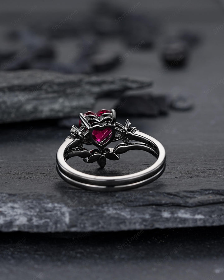 Gothic Heart Shape Ruby Engagement Ring Set: Dark Black Rhodium Promise Ring, Punk Leaf Wedding Ring, Black Gold Rings, July Birthstone - ShainJewelry