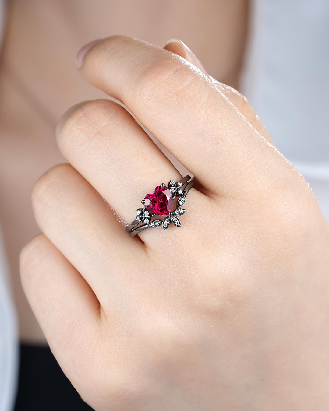 Gothic Heart Shape Ruby Engagement Ring Set: Dark Black Rhodium Promise Ring, Punk Leaf Wedding Ring, Black Gold Rings, July Birthstone - ShainJewelry
