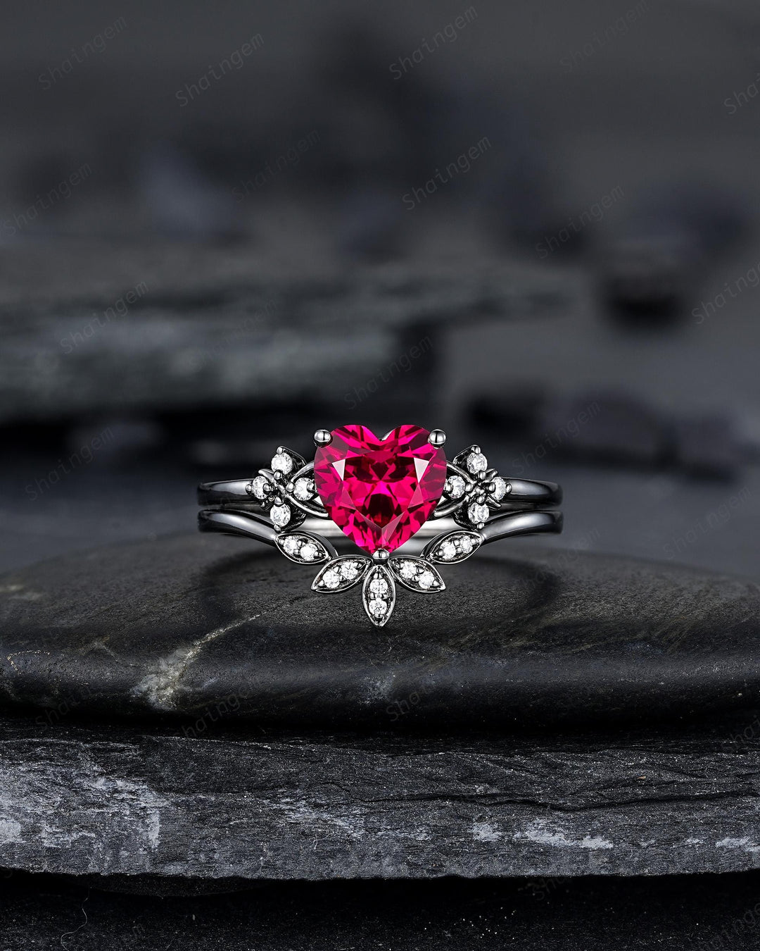 Gothic Heart Shape Ruby Engagement Ring Set: Dark Black Rhodium Promise Ring, Punk Leaf Wedding Ring, Black Gold Rings, July Birthstone - ShainJewelry