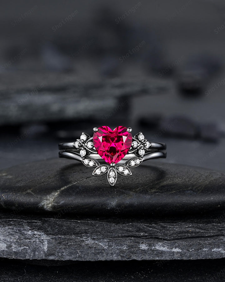 Gothic Heart Shape Ruby Engagement Ring Set: Dark Black Rhodium Promise Ring, Punk Leaf Wedding Ring, Black Gold Rings, July Birthstone - ShainJewelry